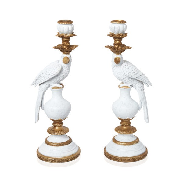 Duchess and Butler pair of white parrot candlesticks